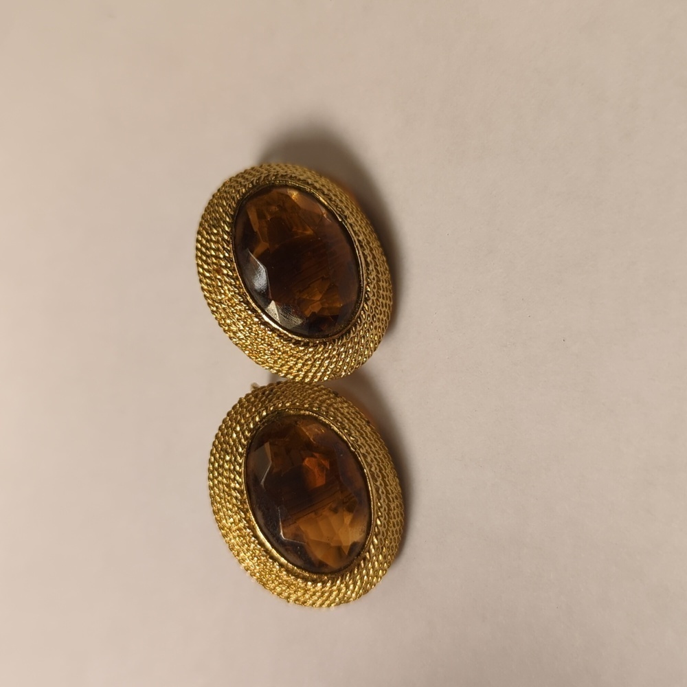 🤎 Emmons Earrings vintage oval amber brown glass bead gold tone rope edge clasp